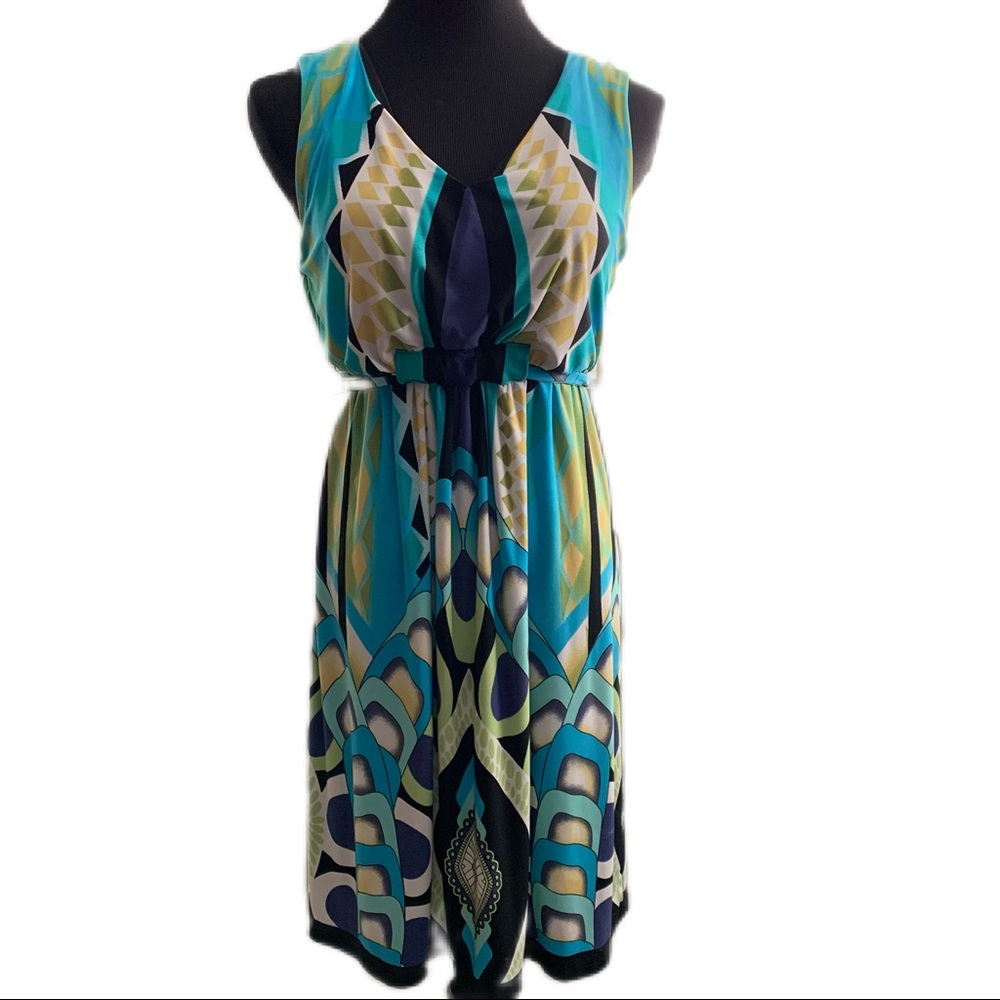 Fenn Wright Manson SZ 12 Multi Media Blue Green Sleeveless Knee Length Dress